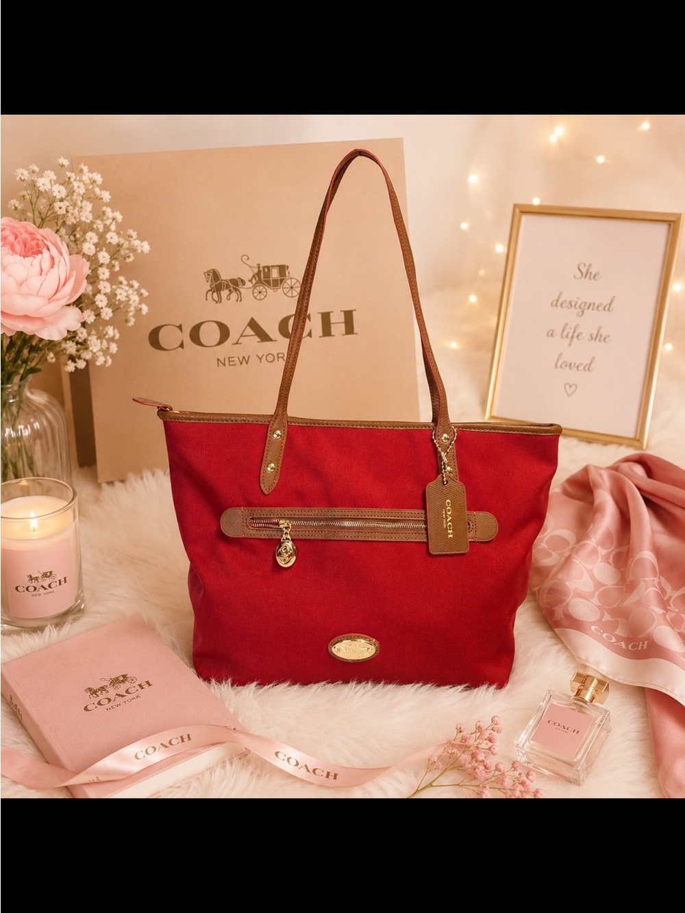 Coach Red Nylon Tote Bag Brown Leather Trim Shoulder Bag Large Zip Tote
